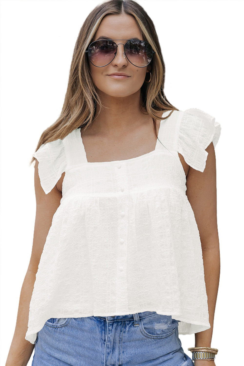 White Square Neck Textured Flowy Tank Top
