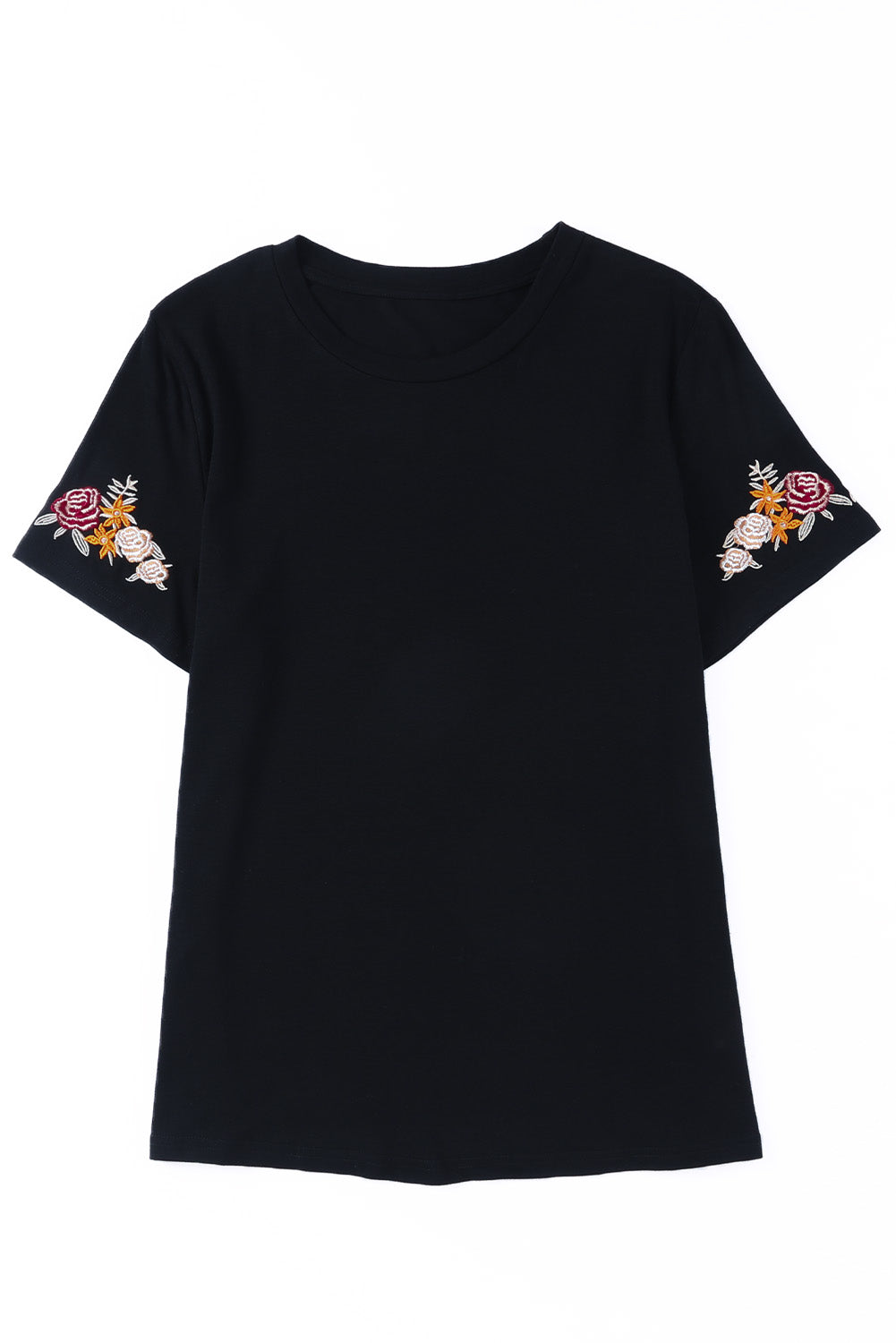 Black Floral Embroidered Round Neck Short Sleeve T Shirt