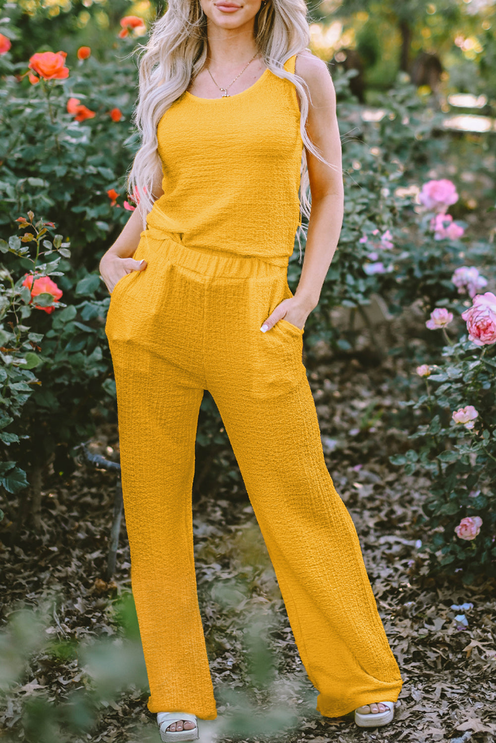 Yellow Crinkled U Neck Tank Top and Wide Leg Pants Set