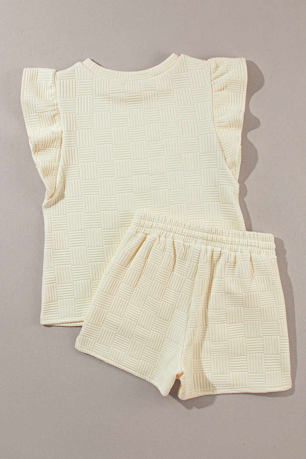 Apricot Textured Ruffled Sleeve Tee and Drawstring Shorts Set