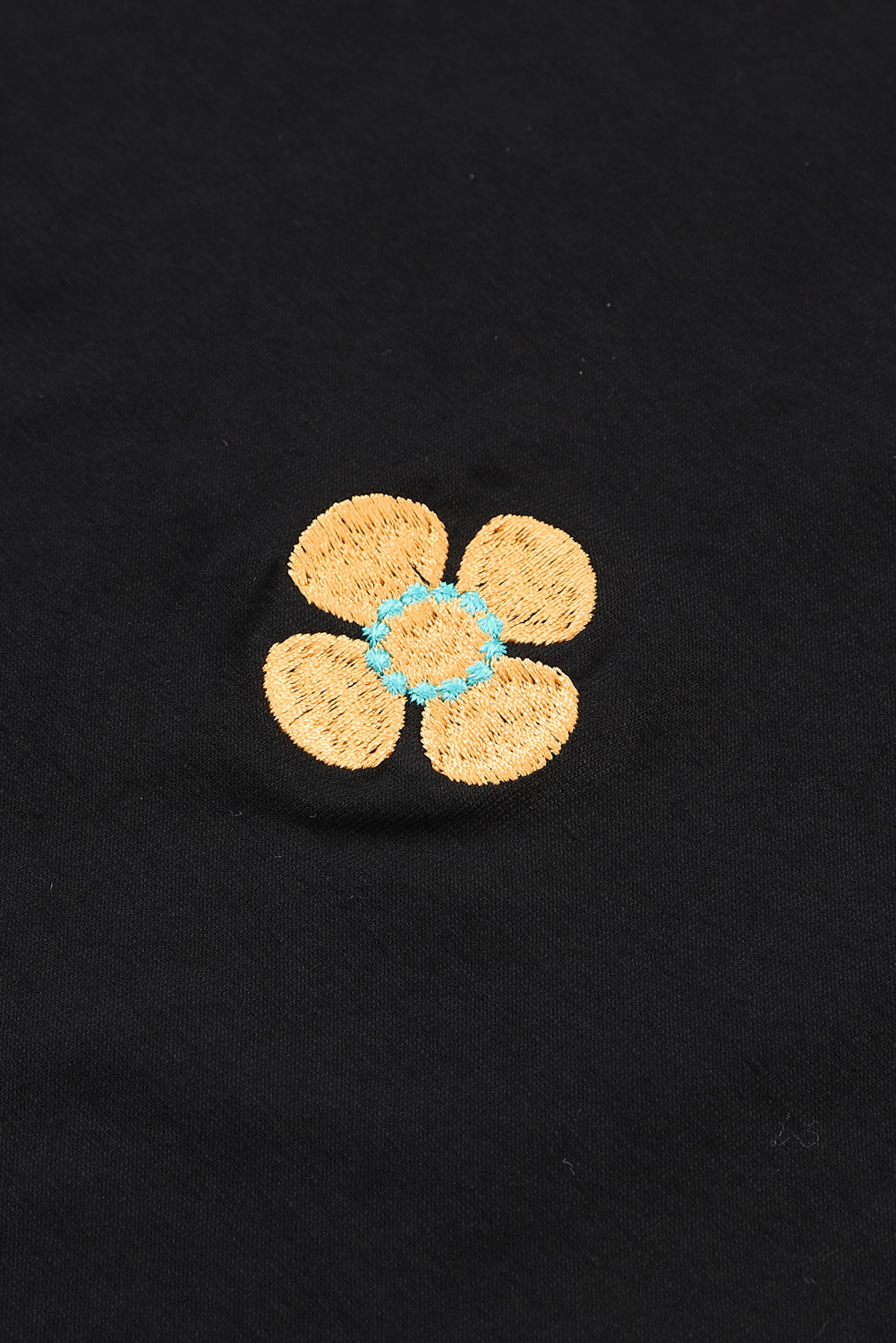 Black Embroidered Flower Short Puff Sleeve Tee