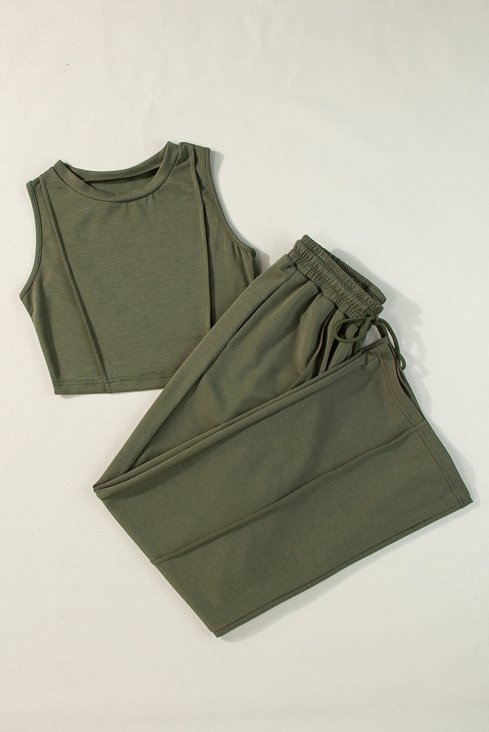 Jungle Green Solid Sleeveless Crop Top and Wide Leg Pants Set