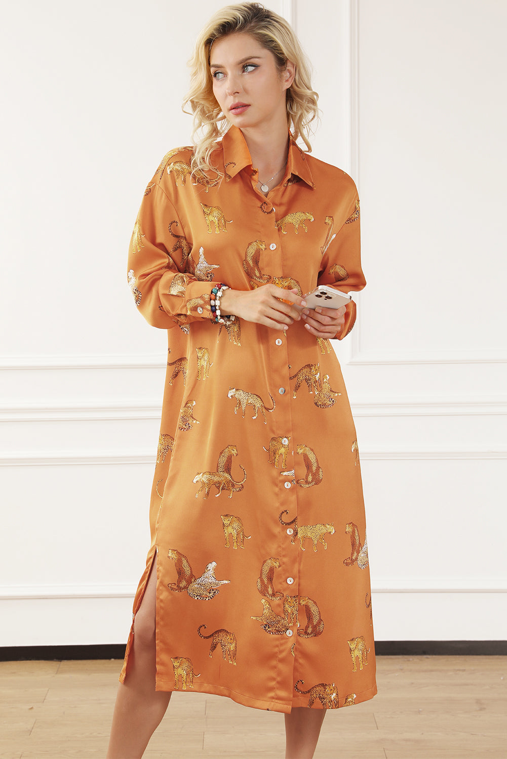Mustard Cheetah Print Button-Up Split Shirt Dress