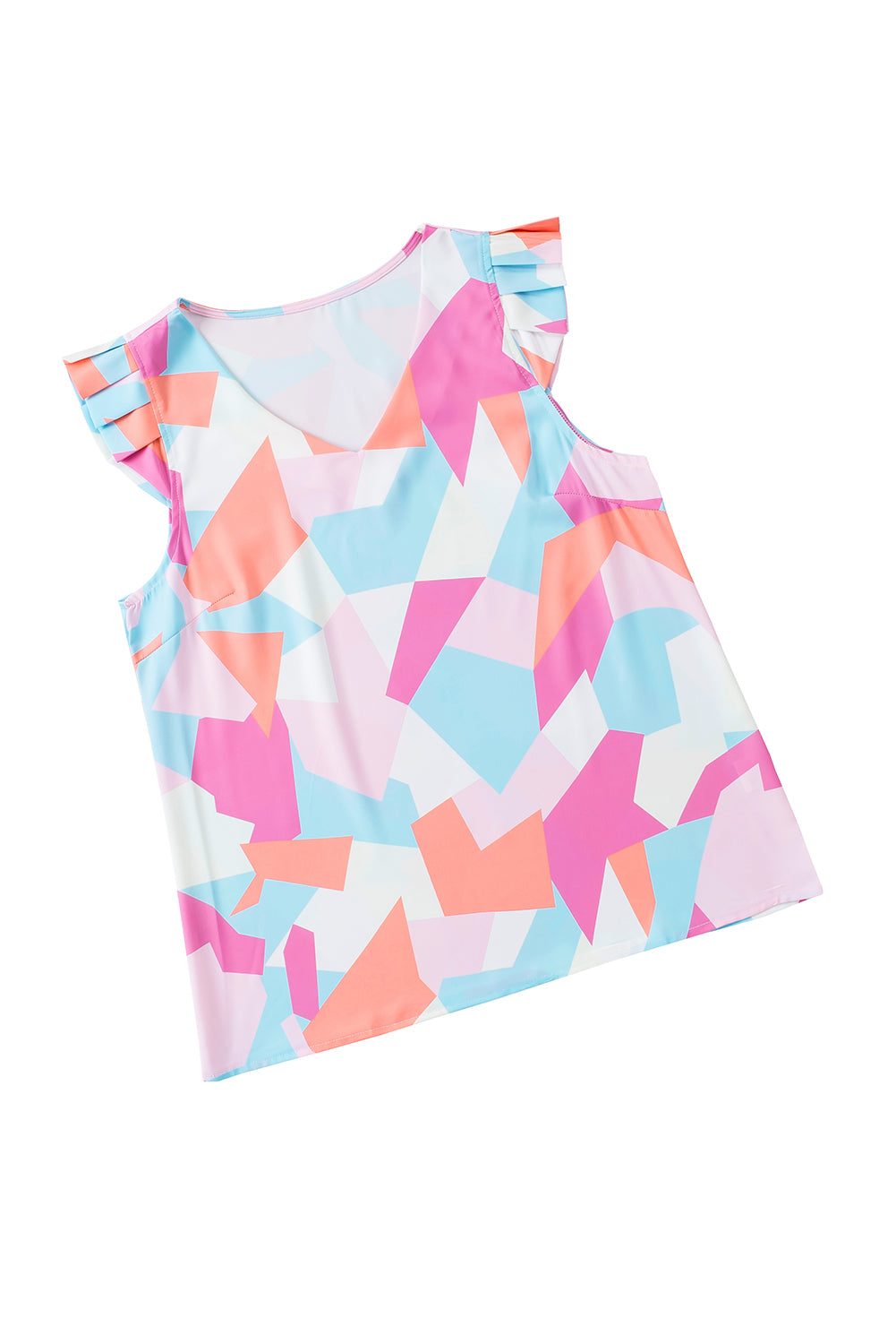 Multicolor Pastel Geometric Print V-Neck Pleated Cap Sleeve Top