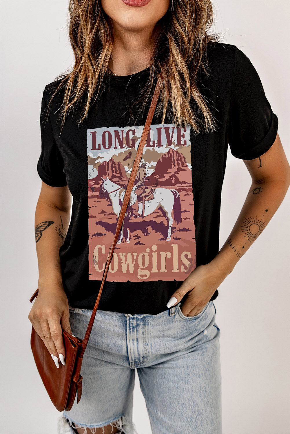 Black LONG LIVE Cowgirls Graphic Print T Shirt