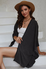 Black Lace Trim Ribbed Oversize Kimono