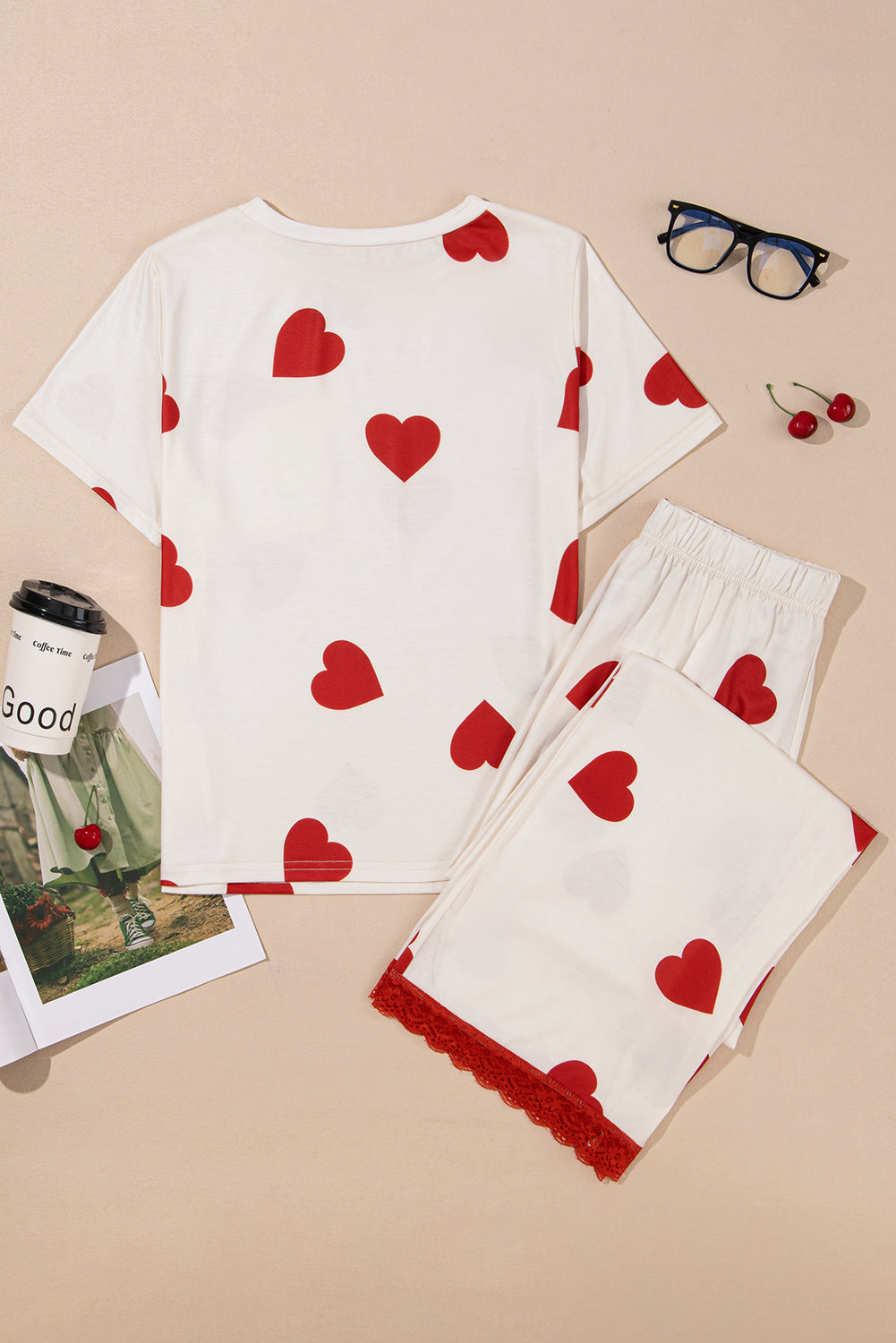 White Valentines Heart Print Lace Hem Tee Pants Pajama Set