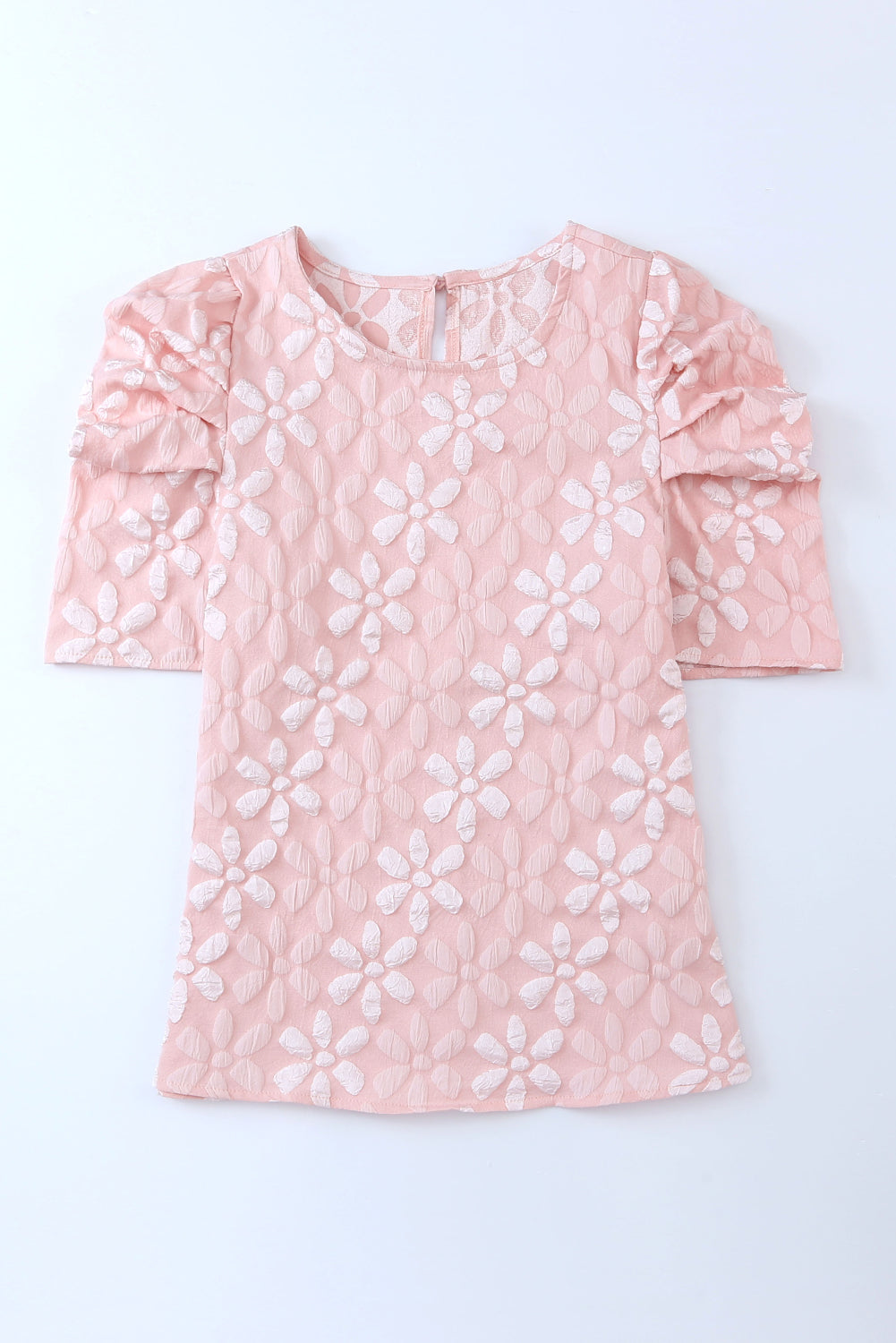 Apricot Floral Lace Ruched Bubble Sleeve Top
