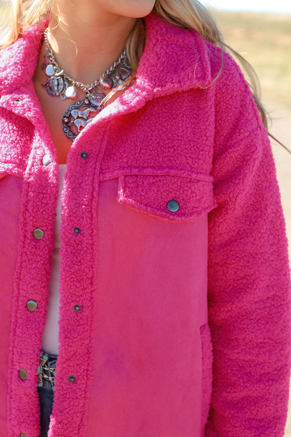 Bright Pink Faux Suede Sherpa Patchwork Button-up Shacket