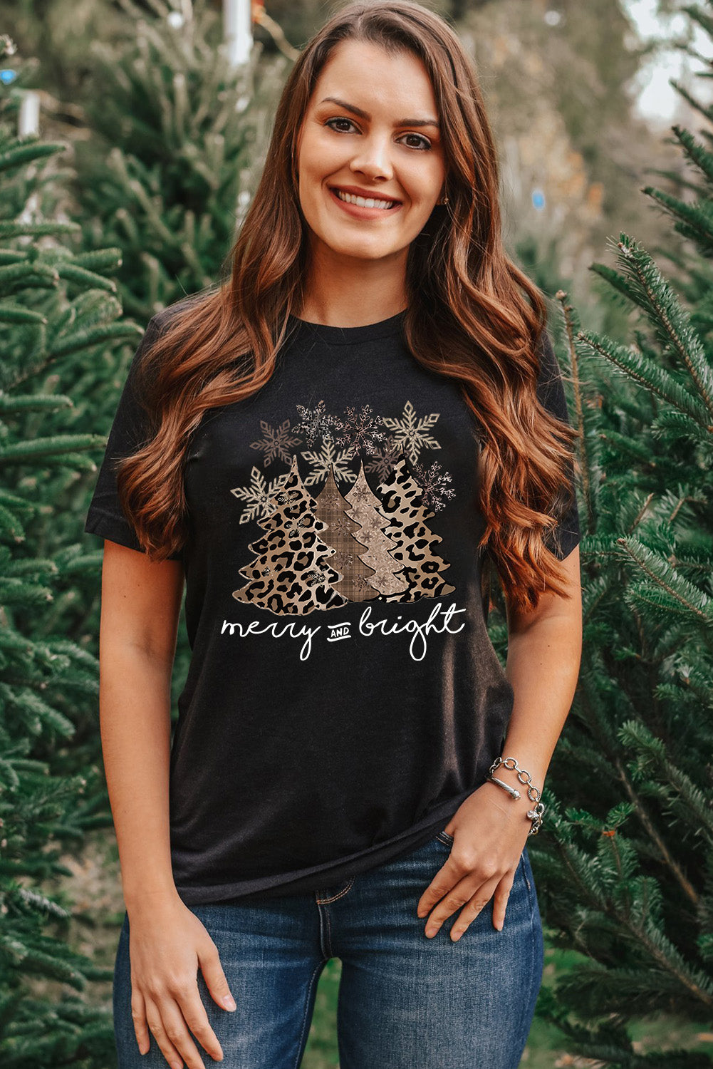 Black Leopard Christmas Tree Graphic Crew Neck T Shirt