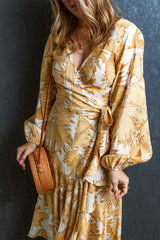 Yellow V Neck Wrap Lace up Bubble Sleeve Floral Dress