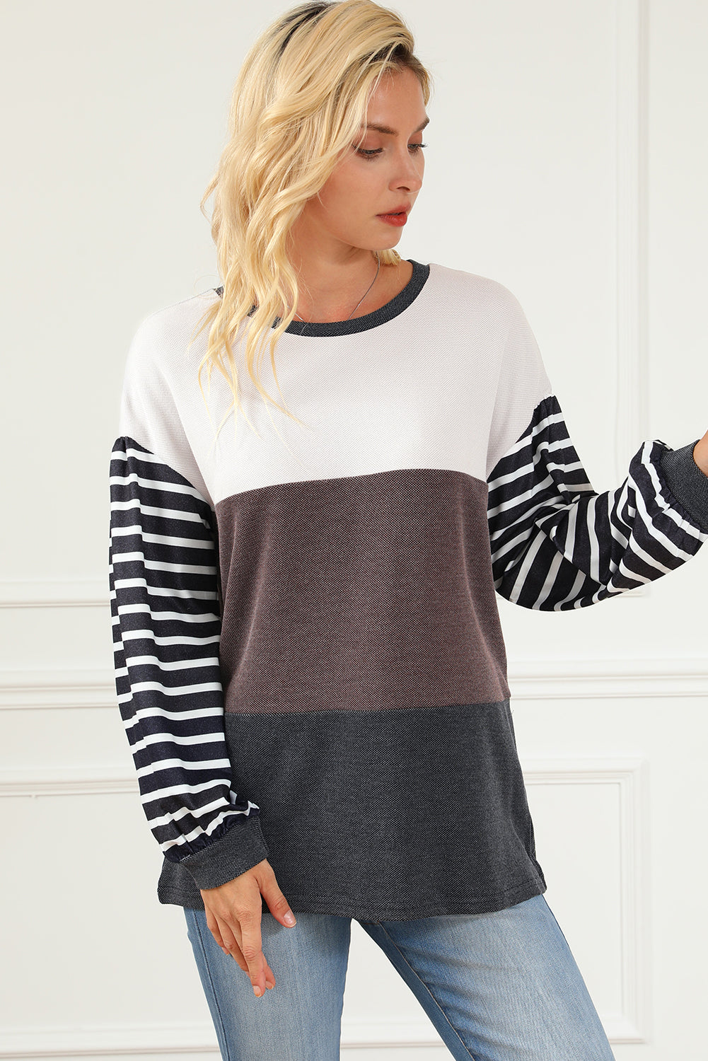 Multicolor Contrast Striped Sleeve Color Block Pullover