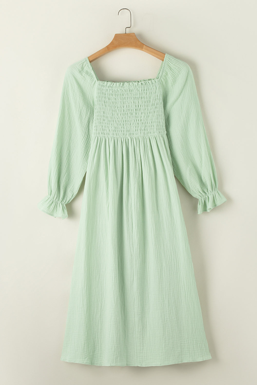 Green Smoked Flounce Sleeve Textured Empire Waist Maxi Dress