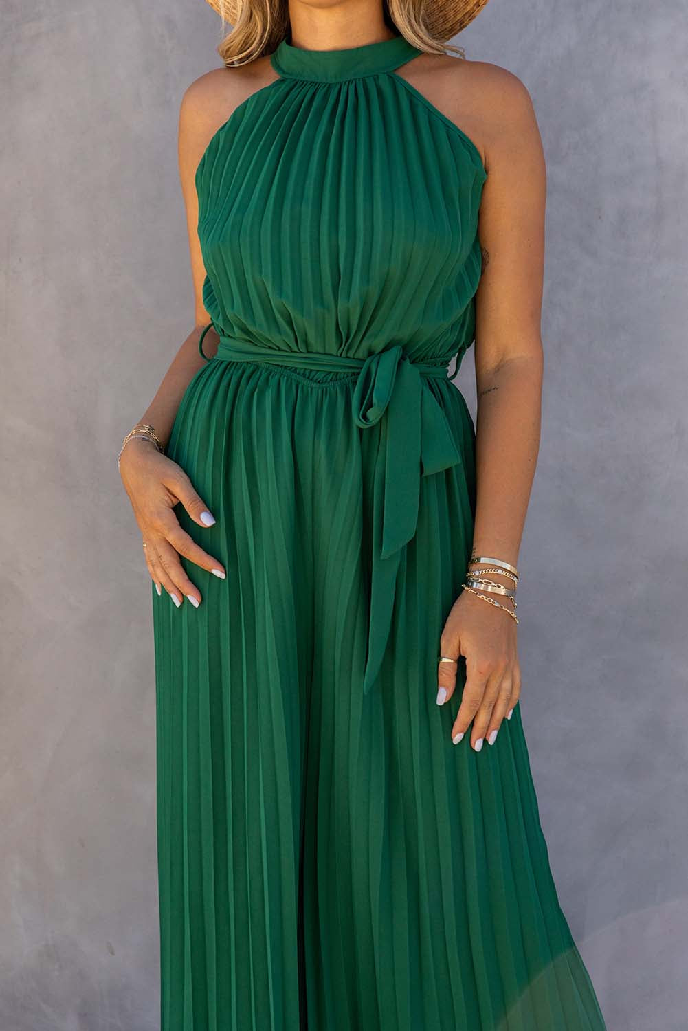 Green Halter Neck Pleated Wide Leg Jumpsuit with Belt