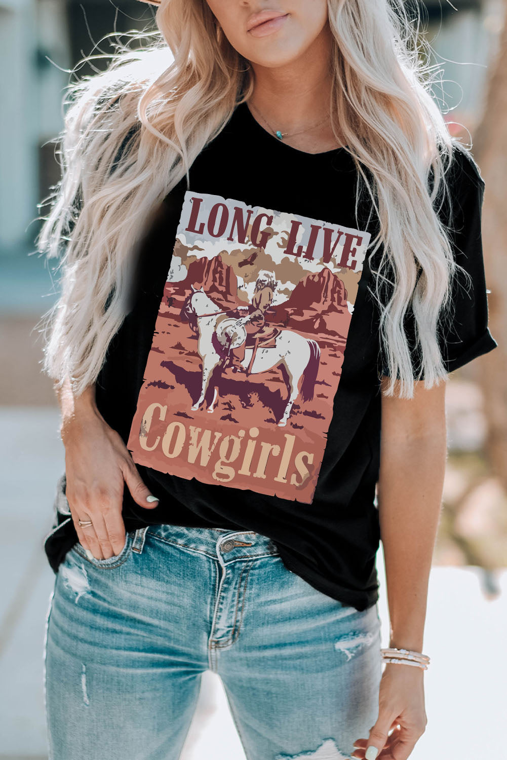 Black LONG LIVE Cowgirls Graphic Print T Shirt