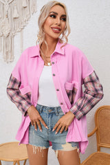 Rose Plaid Patchwork Chest Pockets Oversized Shirt Jacket