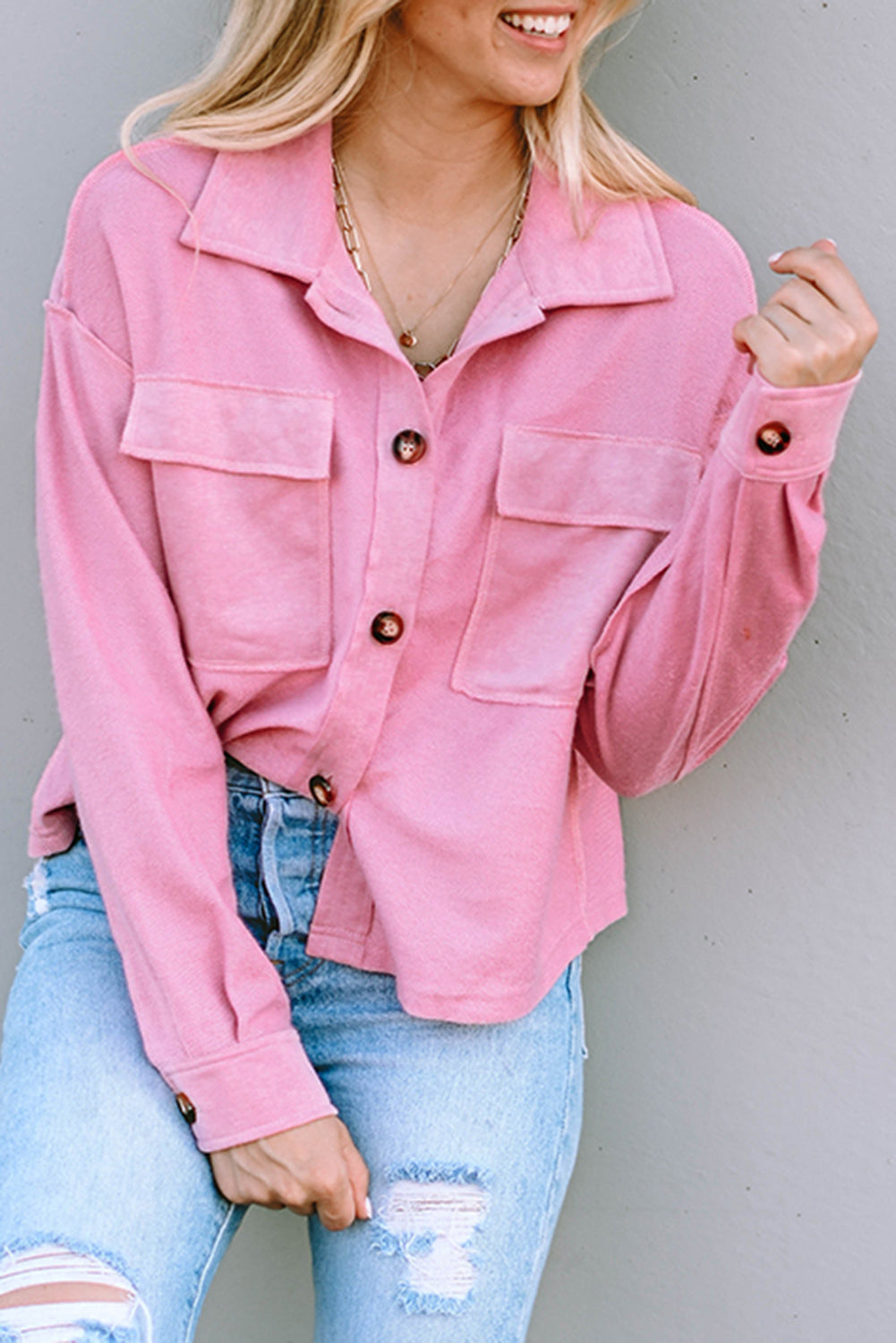 Pink Turn-Down Collar Pockets Shirt Jacket