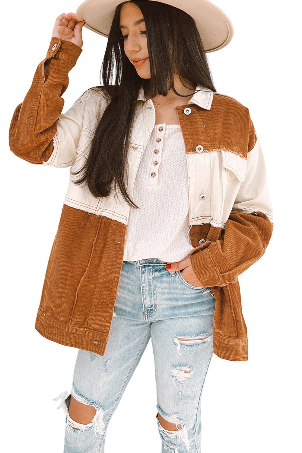 Brown Colorblock Flap Pocket Raw Edge Buttoned Jacket