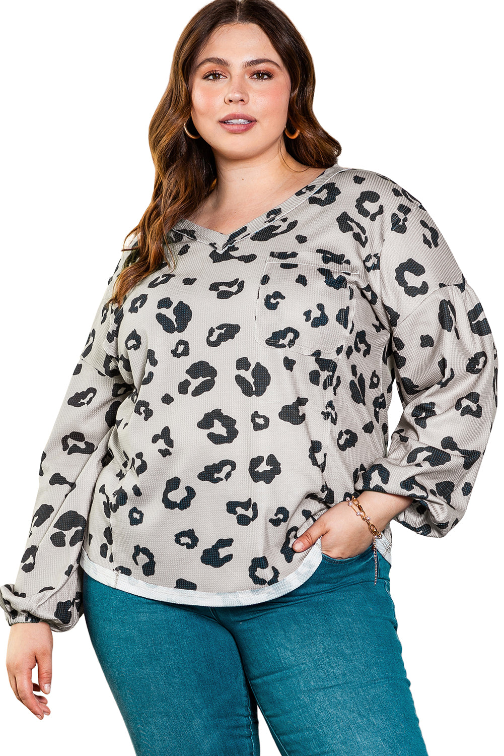 Gray Printed Leopard Balloon Sleeve Thermal Knit Plus Size Top
