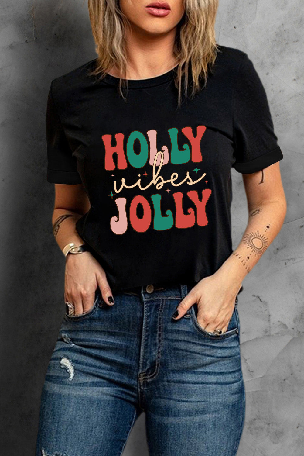 Black HOLLY JOLLY Vibes Christmas Crew Neck T Shirt