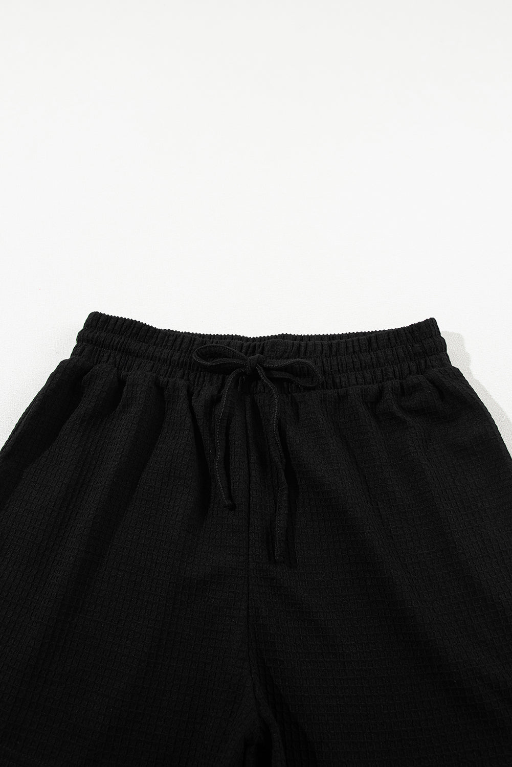 Black Casual Textured Tee and Drawstring Shorts Set