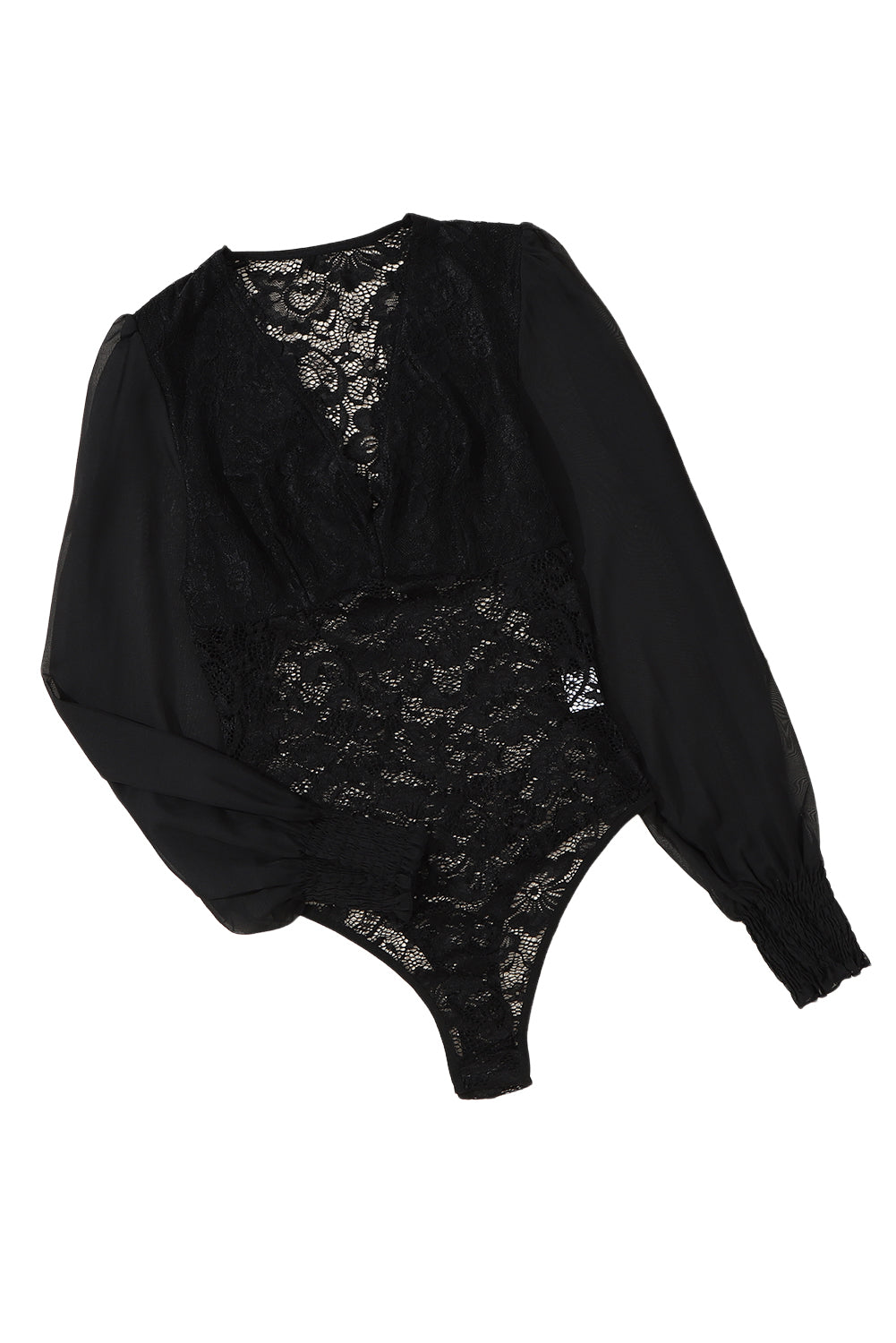 Black Bubble Sleeve Scalloped Lace Bodysuit