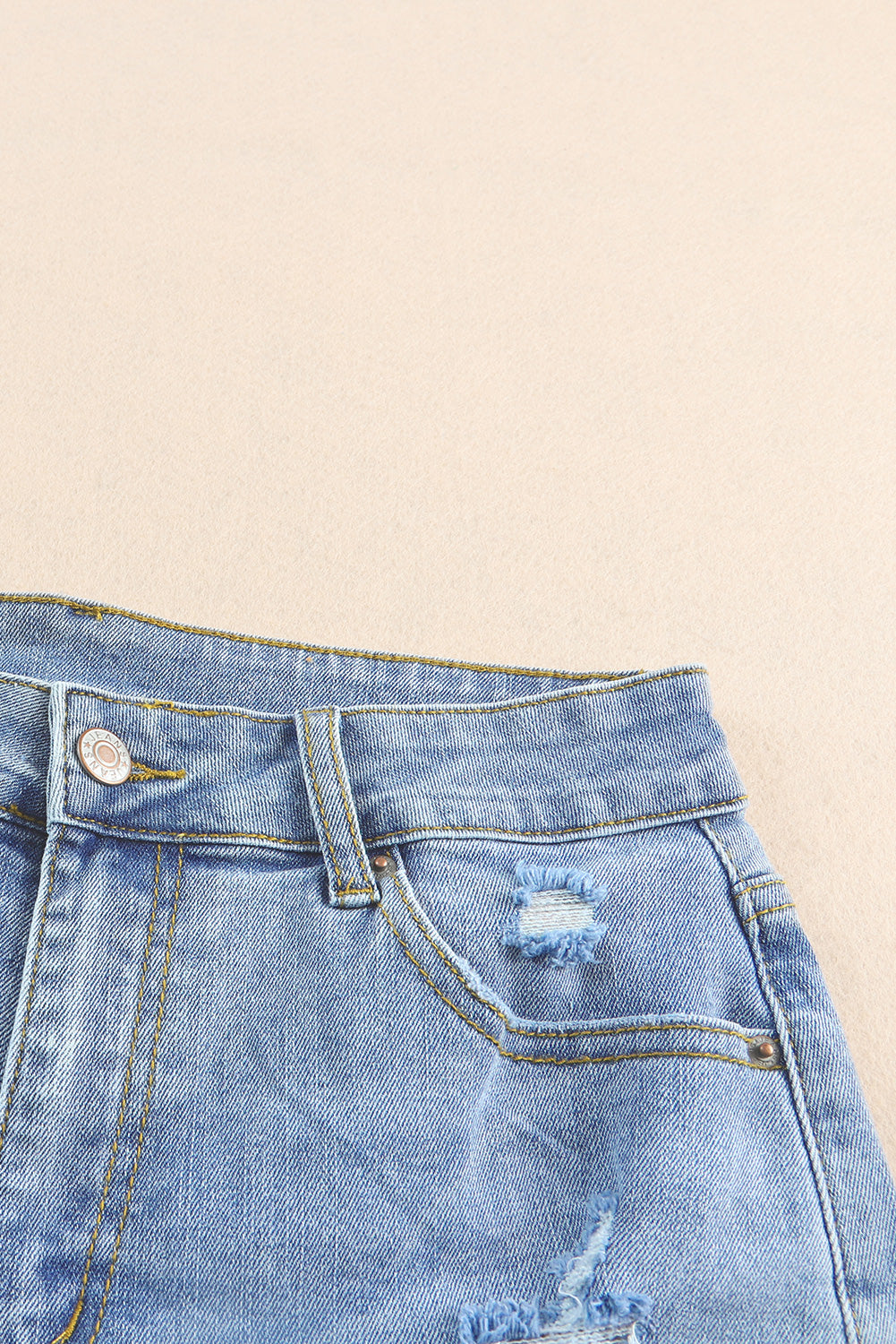 Sky Blue Floral Knit Insert Distressed Raw Hem Denim Shorts