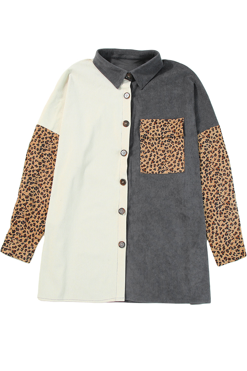 Gray Color Block Leopard Patched Corduroy Shacket