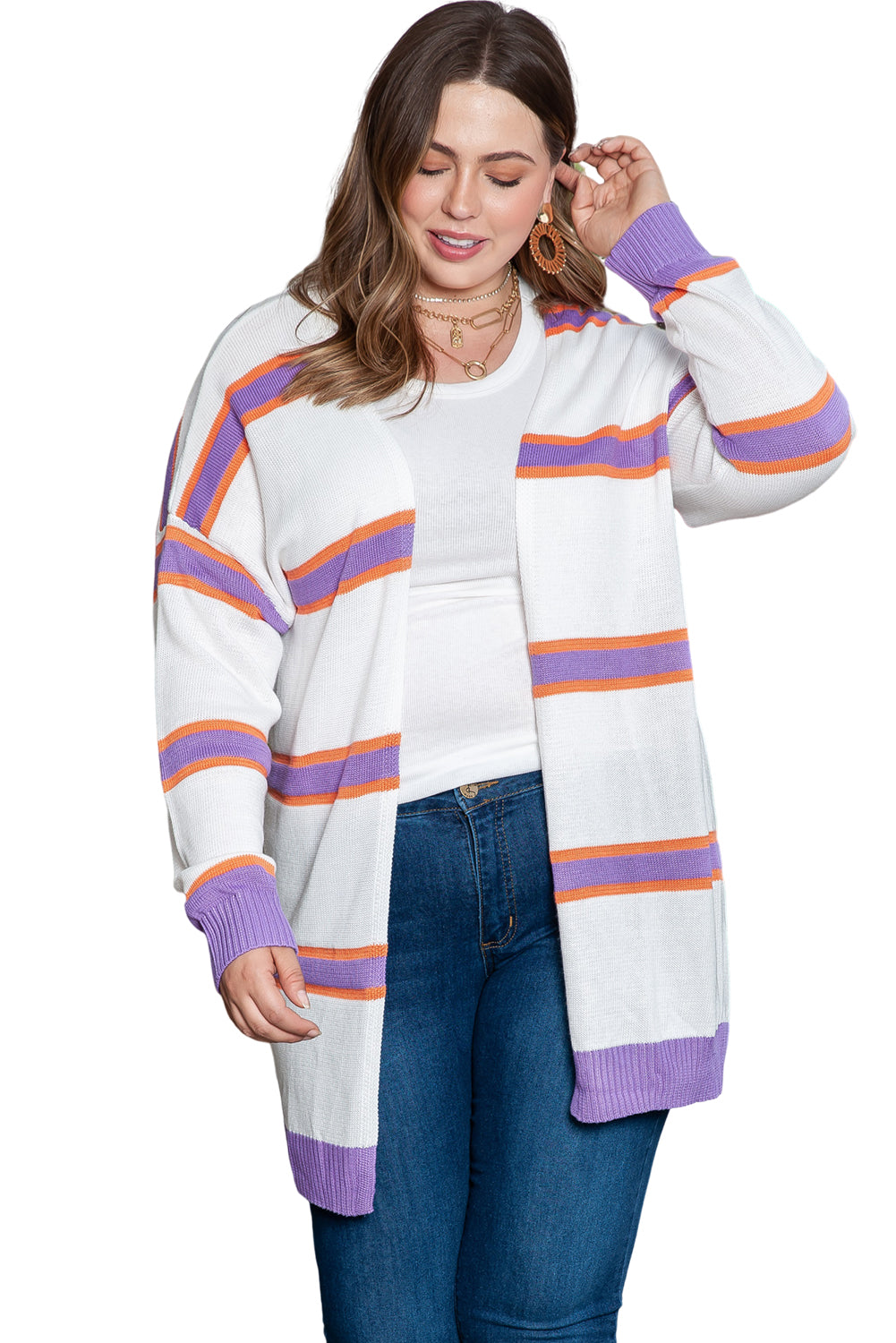 Beige Plus Size Striped Dropped Shoulder Sweater Cardigan