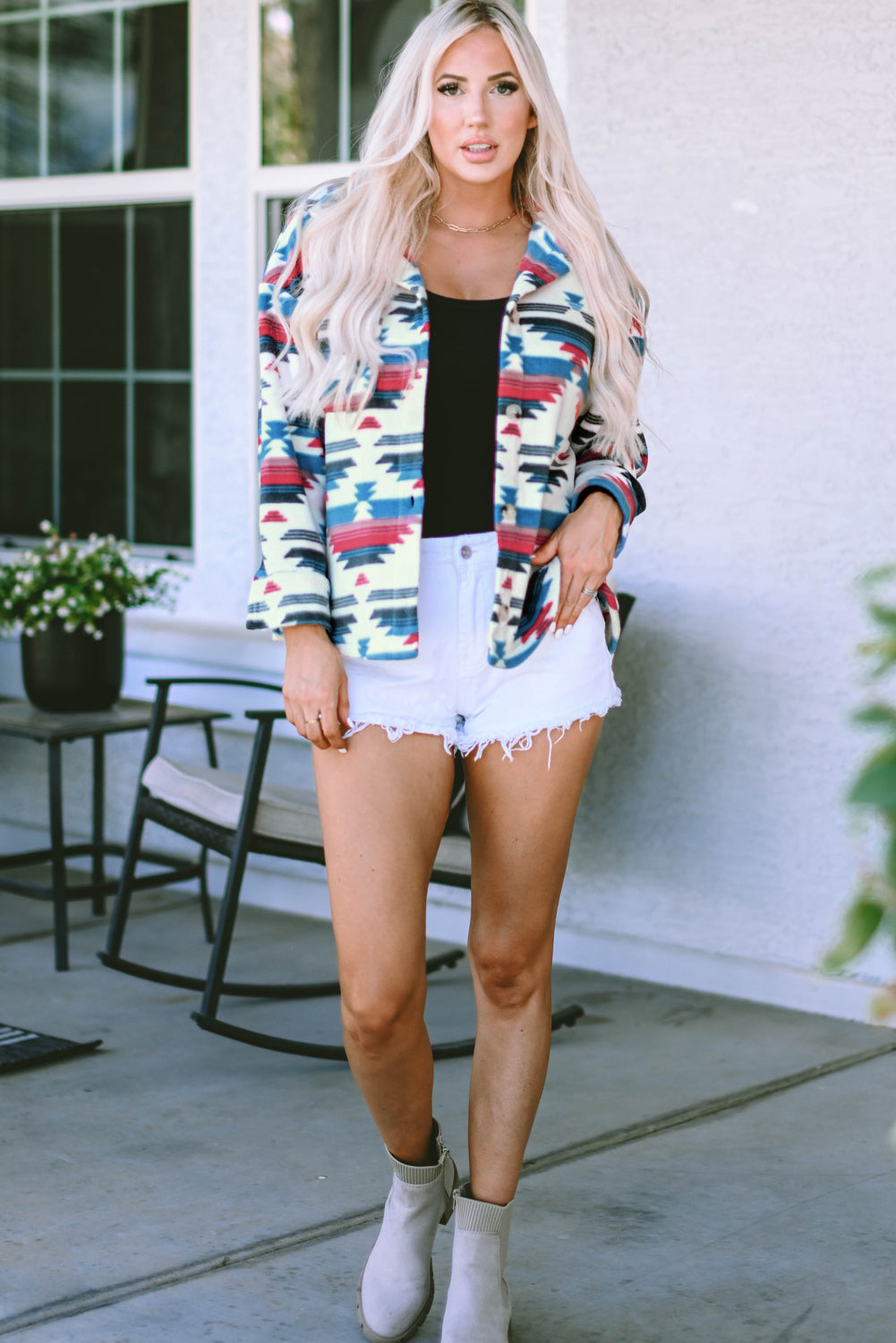 Multicolor Aztec Print Button-up Turn Down Collar Shacket