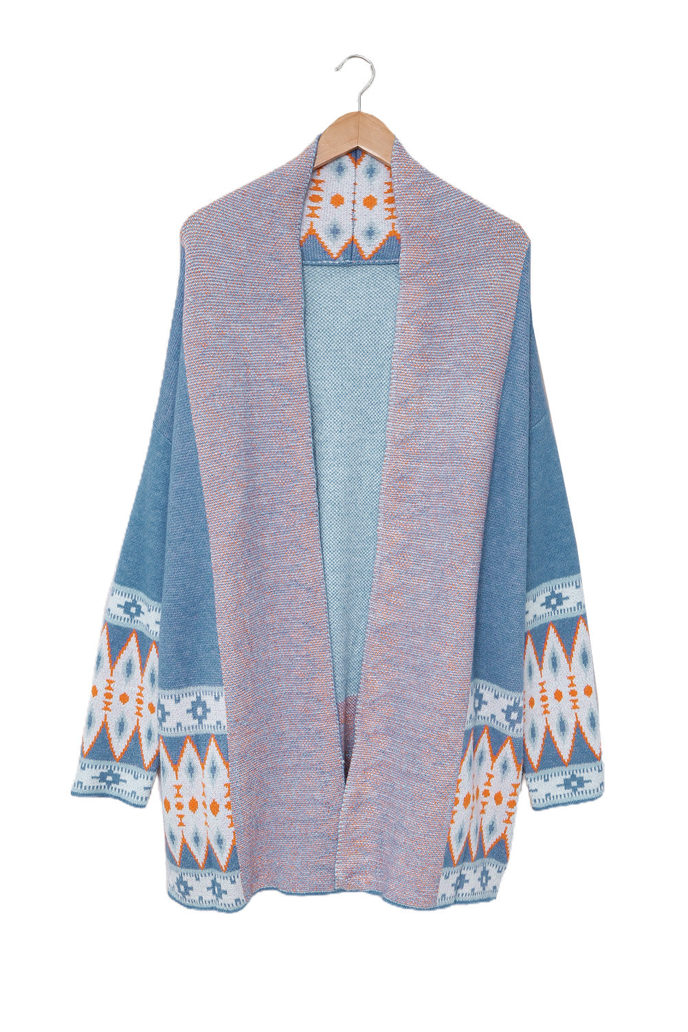 Blue Aztec Print Open Front Knitted Cardigan