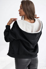 Black Sherpa Hooded Thumbhole Sleeve Zip Up Jacket