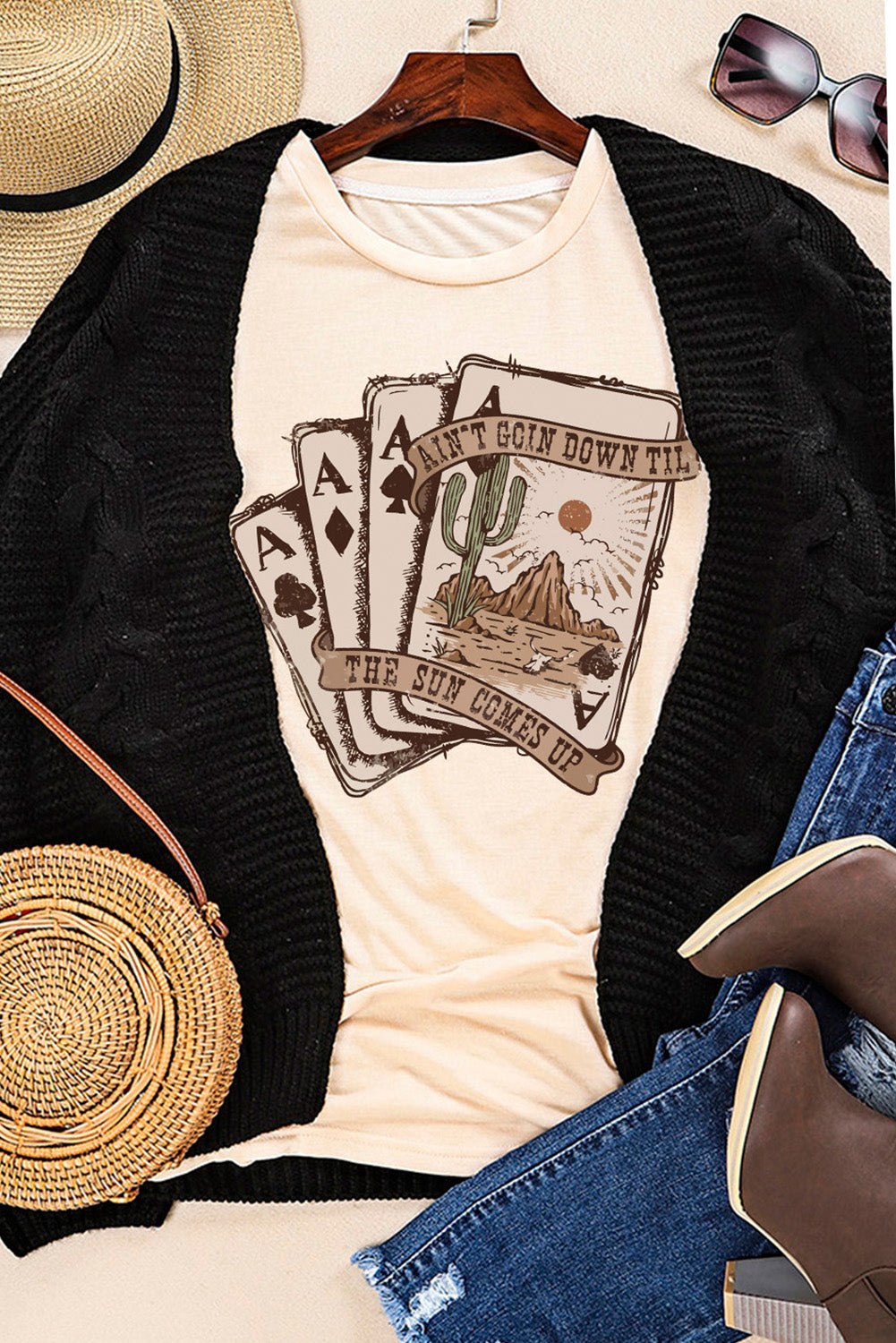 Khaki Western Poker Cards Graphic T Shirt
