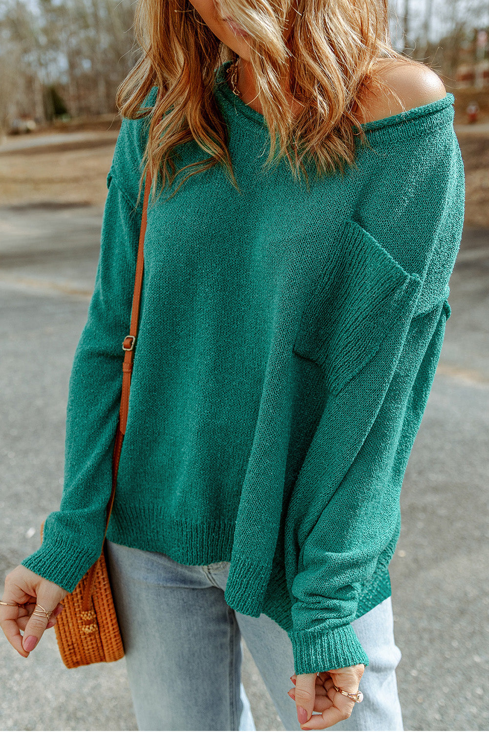 Green Solid Color Off Shoulder Rib Knit Sweater with Pocket