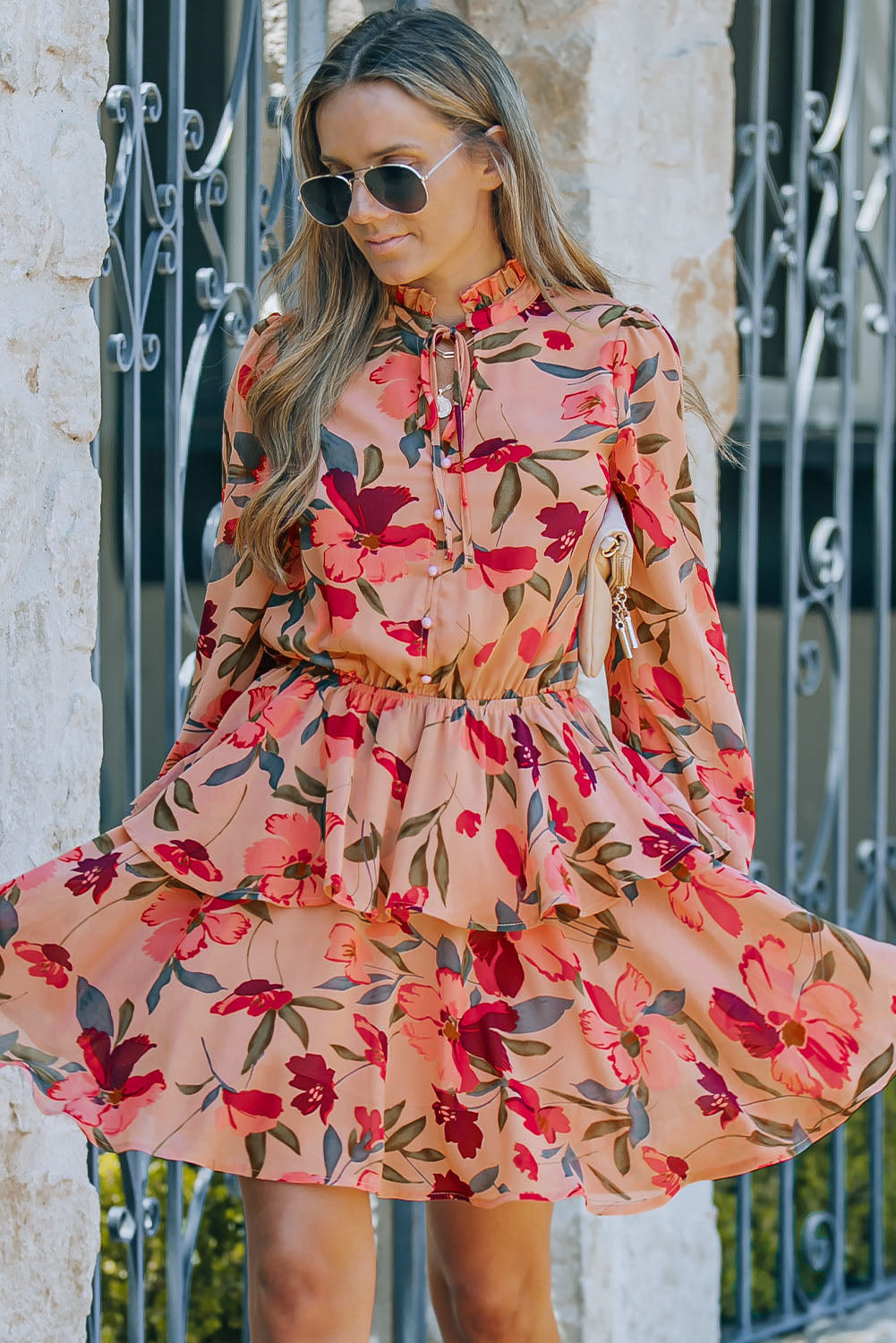 Fiery Red Frilled Collar Long Sleeve Floral Dress with Ruffle