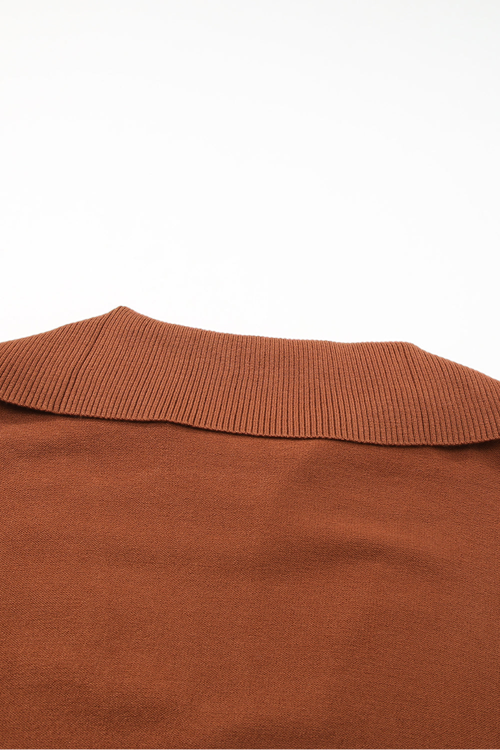 Brown Solid Ribbed Trim Plus Size Zip Collar Sweater
