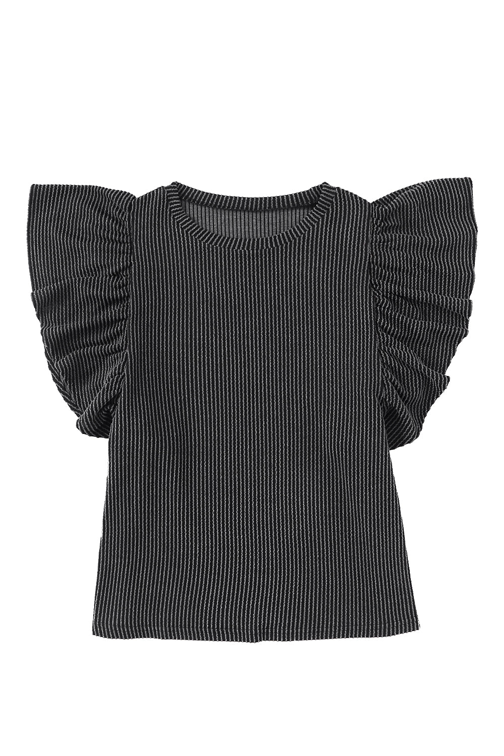 Black Ribbed Knit Ruffled Short Sleeve T Shirt