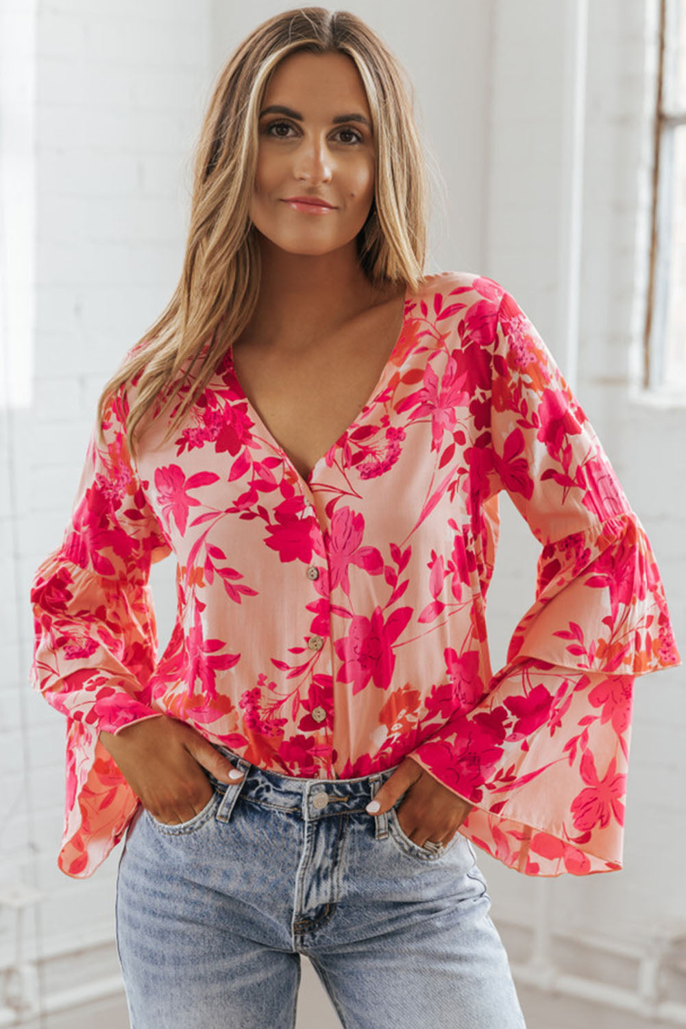 Pink Floral Print Tiered Bell Long Sleeve Buttoned Bodysuit