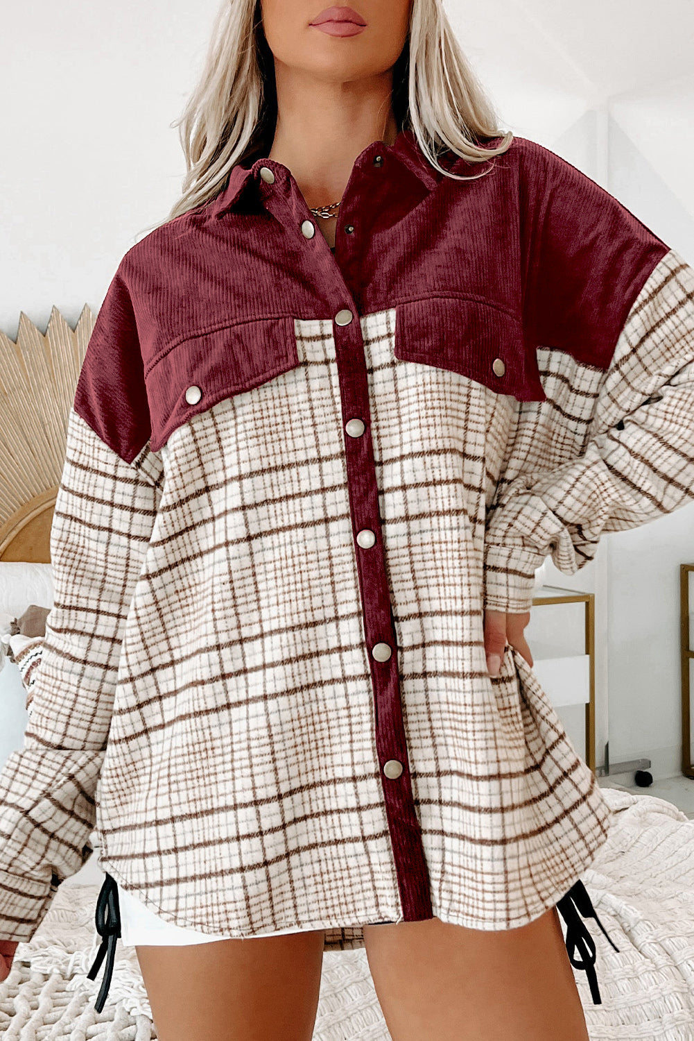 Fiery Red Plaid Patchwork Button-up Shift Shirt Jacket