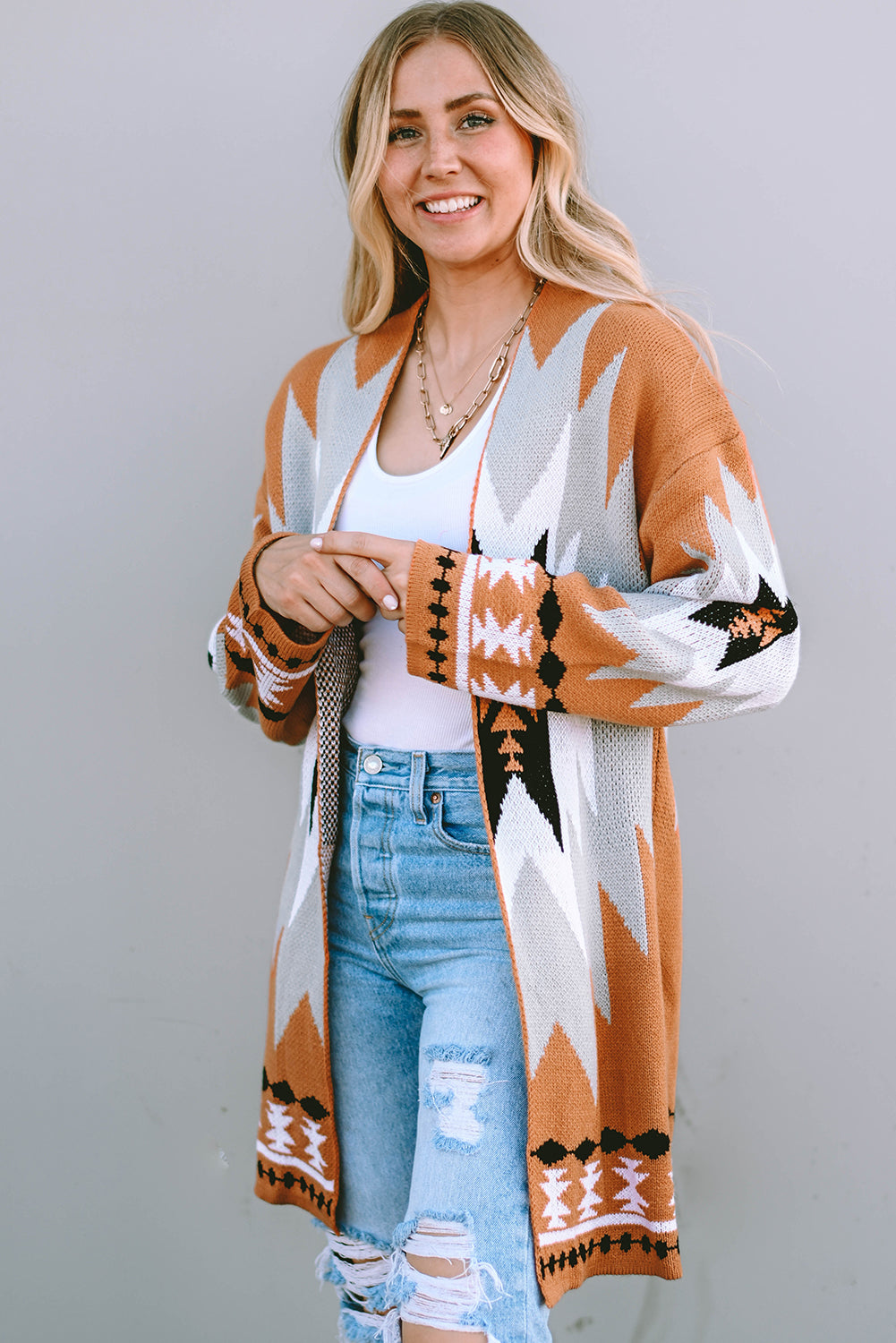 Gold Flame Aztec Graphic Open-Front Cardigan