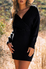 Black Cable Ribbed Knit V Neck Bodycon Sweater Dress