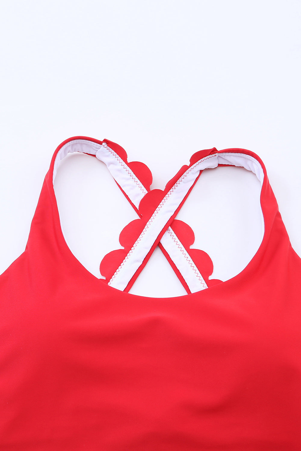 Fiery Red Scalloped Crossed Straps Cropped Bikini Top