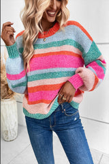 Multicolor Striped Knit Drop Shoulder Puff Sleeve Sweater