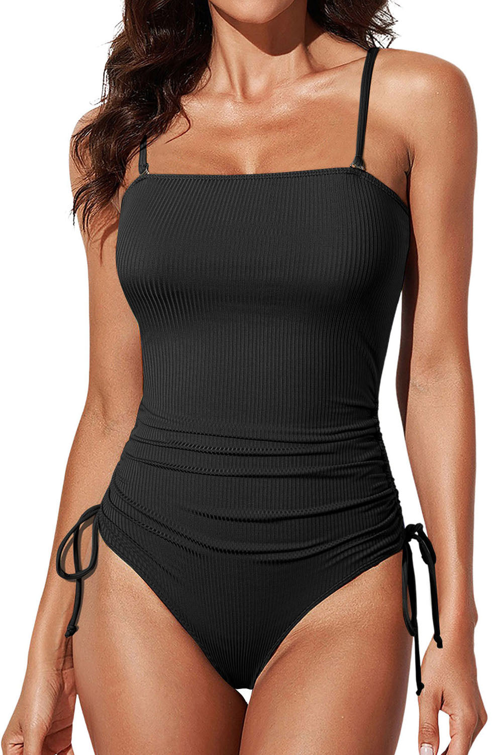 Black Ribbed Drawstring Sides Cutout One Piece Swimsuit