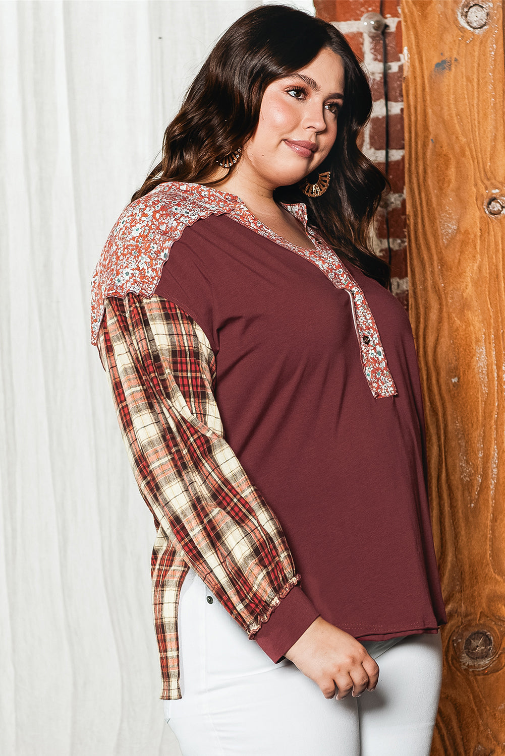 Navy Blue Mixed Print Half Buttons Plus Size Pullover Top