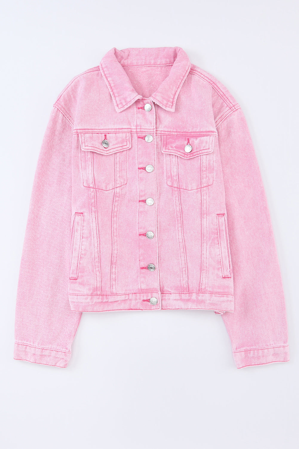 Pink Acid Wash Button Flap Pocket Denim Jacket