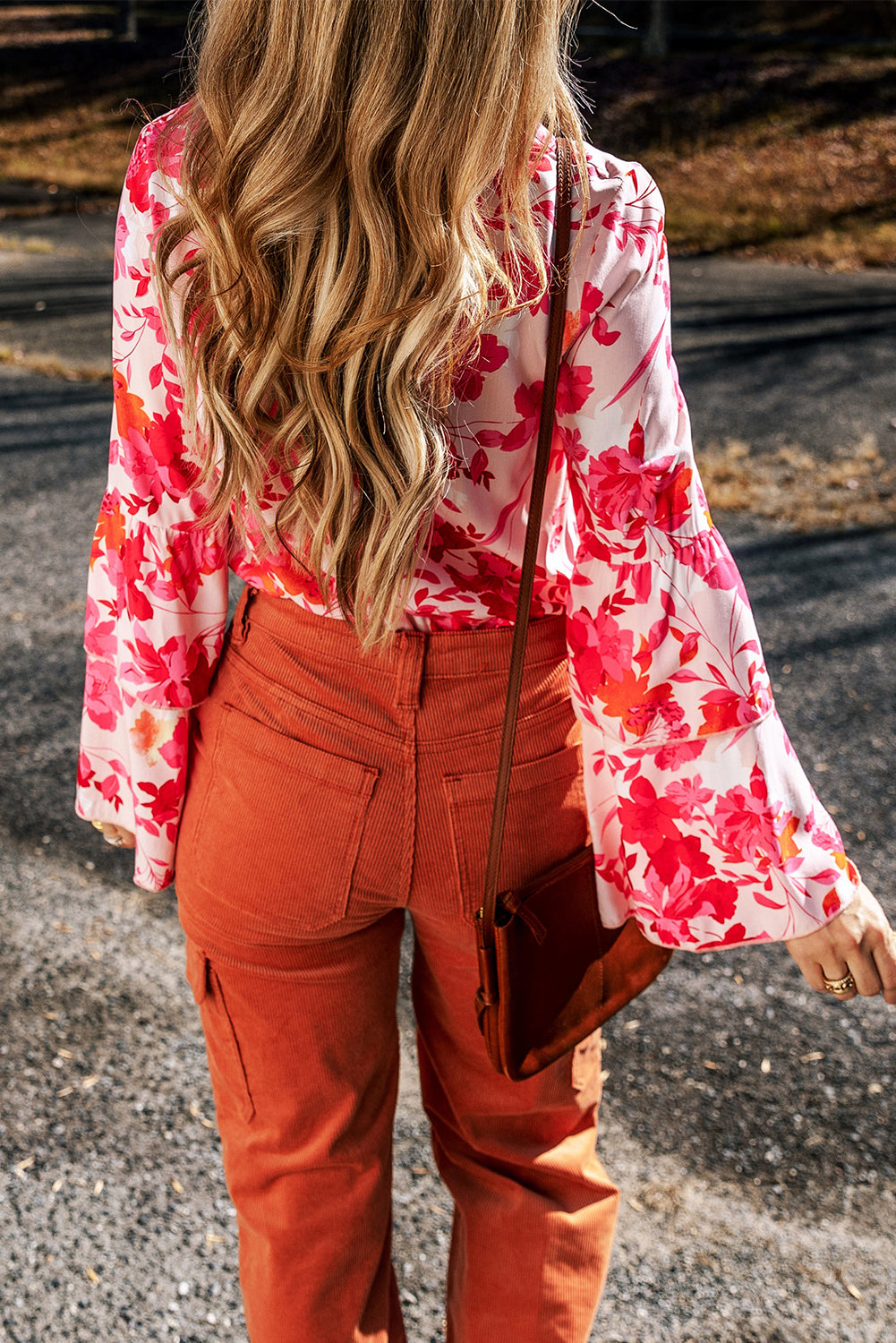 Pink Floral Print Tiered Bell Long Sleeve Buttoned Bodysuit