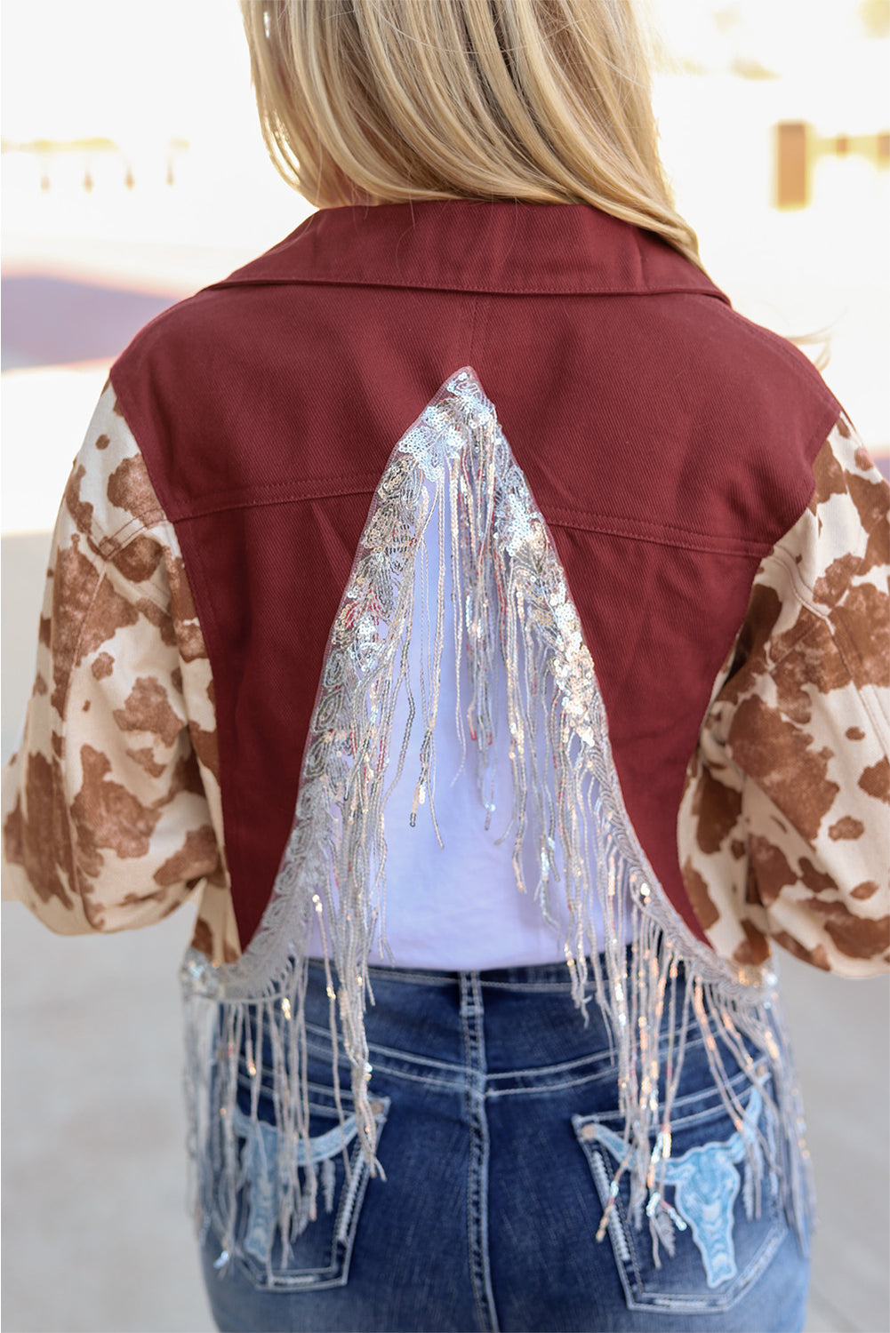 Fiery Red Abstract Print Sleeve Back Fringed Cropped Denim Jacket