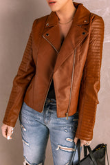 Brown Ribbed Seam Detail Faux Leather Zipped Motorcycle Jacket