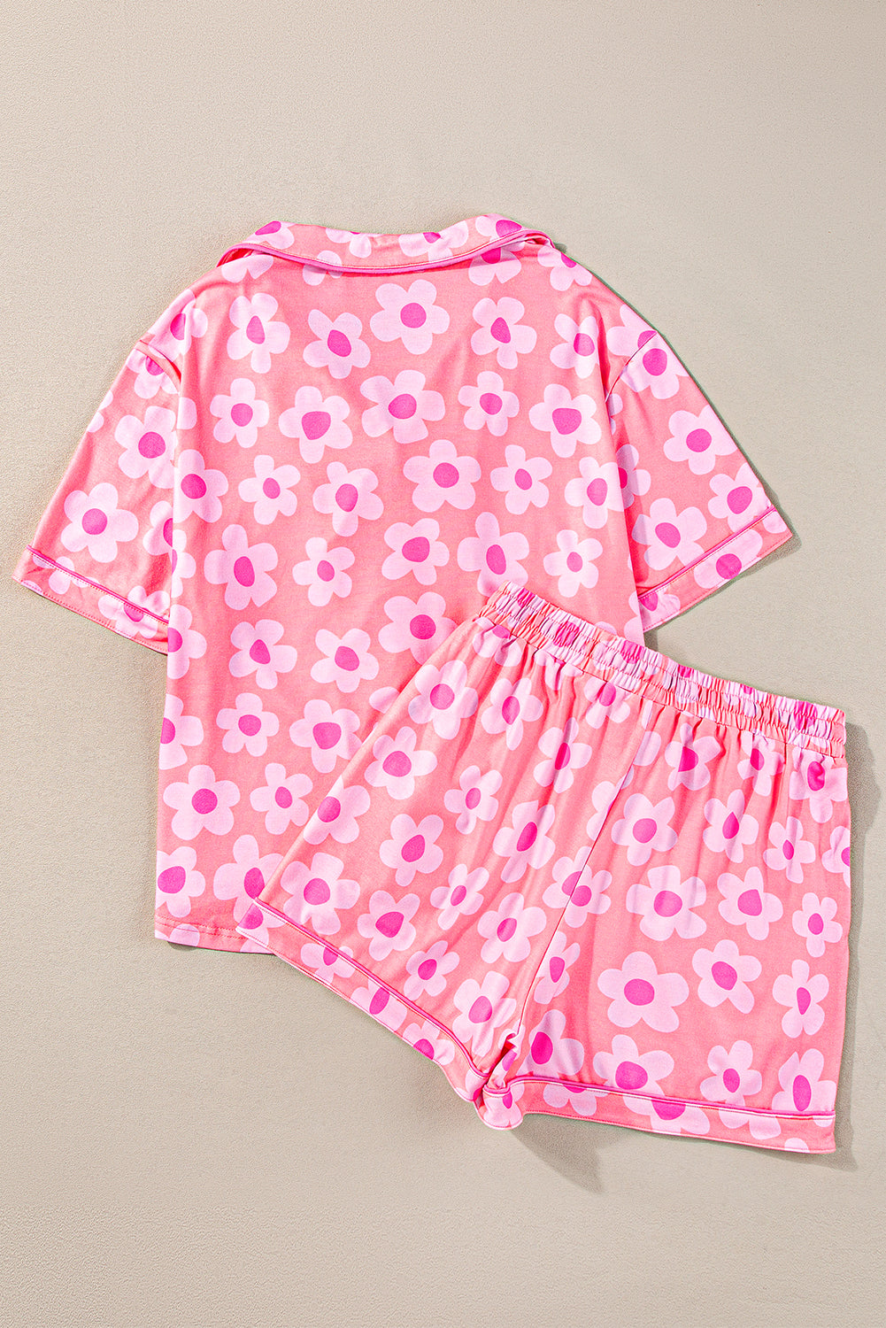Pink Flower Print Short Sleeve Shirt Pajamas Set
